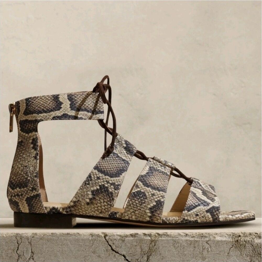 BANANA REPUBLIC Medina Flat Leather Sandals Size 8 Snake Skin Lace Up Made Italy